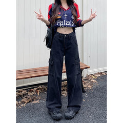 Lunivop Women Vintage High Waist Loose Pockets Jeans Streetwear Trashy Style Pants 2024 Autumn Y2K Wide Leg Black Baggy Denim Trouser