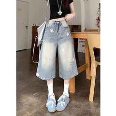 Lunivop Women's New Baggy Calf Length Jeans Vintage Hole Star Printed Wide Leg Denim Pants Ladies Fashion High Waisted Cropped Trousers