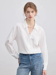 Lunivop Lace Patchwork White Shirt Women Elegant Long Sleeve Vintage Blouse American Casual Autumn Female Sweet Pocket Retro Tops