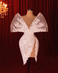 Lunivop Pretty Pearls Lace Prom Dresses Unique V Neck Appliques Organza Mermaid Evening Dress With Detachable Train Mesh Bride Gown