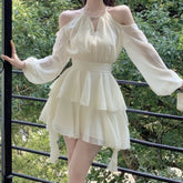 Lunivop Elegant Chiffon Dresses for Women Fairycore Casual White Dress Sweet Korean Fashion Off Shoulder Summer Mini Dress Slim