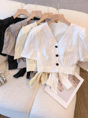 Lunivop Cropped Sexy Slim Satin Shirt Women Vintage Back Bow Lace Up Puffy Sleeve Blouse Korean Fashion V Neck Elegant Short Tops