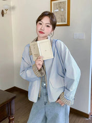 Lunivop Sweet Cargo Jacket Women Loose Preppy Style Plaid Patchwork Short Coat Casual Korean Fashion Long Sleeve Fall Winter Tops