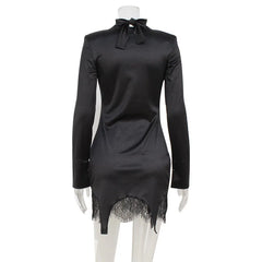 Lunivop Elegant Satin Mini Dress Lace Patchwork Women Fashion Sexy Turtleneck Bow Tie Long Sleeve Slim Party Clubwear Casual Streetwear