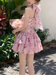 Lunivop Korean Retro Sweet Floral Halter Neck Dress Women Slim Bow Print Tiered Mini Dress Summer Fashion Popular Elegant Chic Outfits