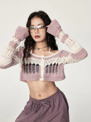 Lunivop Streetwear Hollow Out Cardigan Women Vintage Y2K Sexy Cropped Knitted Sweaters Fall Long Sleeve Loose Halter Striped Tops