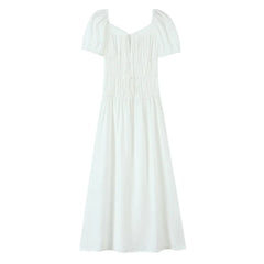 Lunivop Holiday White Bow O neck Elastic Body Puff Sleeve Long Dress Women Slim Ruched Waist A-lined Swing Dresses Summer Robe Vestidos