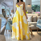 Lunivop Print Sleeveless Casual Women Dress Sexy V Neck Straps Summer Beach Dresses Backless A-line Floor-Length Draped Robe