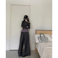 Lunivop Autumn Winter New Arrival Dark Gray Fashion Leisure Patchwork Ripped Straight Long Flare Grey Pants Casual Women Trousers