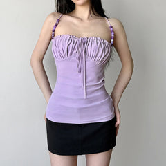 Lunivop Elegant Solid Folds Camis Vintage 2000s Skinny Strap Crop Tops Women Holiday Style Transparent Mesh Tees Ladies y2k Vest