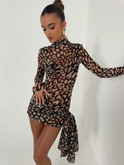 Lunivop Turtleneck Sexy Sheer Print Leopard Bandage Women Dress Long Sleeve Mini Dress Lady Spring Slim Elegant Party Club Dress