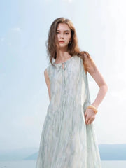 Lunivop Beach Floral Elegant Long Dress Women Casual Vintage Sweet Sleeveless Dress Summer Loose O Neck Lace Up Retro French Dress