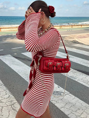 Lunivop Knitted Round Neck Striped Women Dress Black Flare Sleeve High Waist Dress Female Autumn Slim Elegant Vacation Partywear