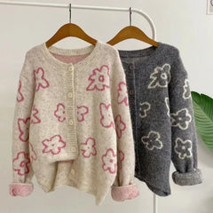 Lunivop Cute Floral Knitted Cardigan for Women Cozy O-neck Button Front Sweater Jacket Teen-girl Fall Winter Korean Fashion Outfit
