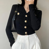 Lunivop Gold Button Front Knit Cardigan Women Long Sleeve Crop Sweater Jacket Fitted Top Teen-girl Fall Winter Vintage 90s Outfit