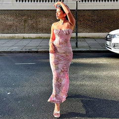 Lunivop Floral Print Slit Back Corset Bodycon Women'S Dresses Summer Vacation Y2K Streetwear Elegant Evening Casual Clothes