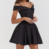 Lunivop Black Sexy V neck Off Shoulder Mini Dress Women Short Sleeve Low Waist Ruched Hem Ball Gown Swing Mini Robe Party White
