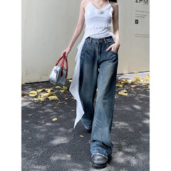 Lunivop Autumn Jeans for Women Vintage Spliced Casual Straight Loose Denim Pants 2024 New Streetwear Fashion High Waist Wide Leg Jeans