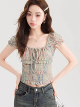 Lunivop Sweet Floral Cropped T Shirt Women Slim Sexy Puffy Sleeve Tees Korean Vintage Square Collar Female Lace Up Tops Summer New