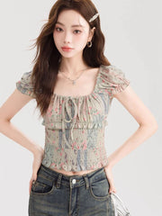 Lunivop Sweet Floral Cropped T Shirt Women Slim Sexy Puffy Sleeve Tees Korean Vintage Square Collar Female Lace Up Tops Summer New