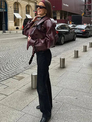 Lunivop Turn-down Collar Leather Moto-biker Jackets Women Casual Chic Long Sleeved Jacket Female Fashionable Cool Loose Fit Outwear Tops