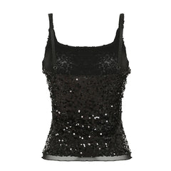 Lunivop Black Sequined Crop Top Sexy See Through Sleeveless Skinny Club Party Camisole Women Vintage 2000s Tee y2k Aesthetic Vest