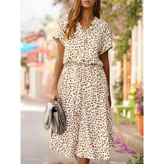 Lunivop Summer Polka Dot Dress Ladies Leopard Print Shirt Dress Bohemian Mid-length Clothing High Waist Beachwear Vacation White Dress