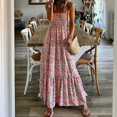 Lunivop Women Summer Dress Fashion Print Floral Sleeveless Spaghetti Straps Ruched Beachwear A-line Slash Neck Long Sundress