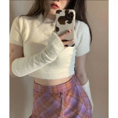 Lunivop Short High Waist Korean Solid Sweaters O-Neck Y2K Pullover Mink Cashmere Crop Tops Women Sueter Mujer Patchwork Long Sleeve