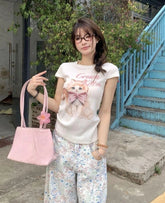 Lunivop Sweet T Shirts Women Cartoon Cat Printed Short Sleeve Summer Fashion Sexy Stretch Slim Y2k Tops Female Casual Tshirt