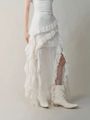 Lunivop Gothic Black Y2k Skirts Women Gyaru 2000s Lace Irregular Long White Skirt Streetwear Irregular Ruffle Skirts Aesthetic