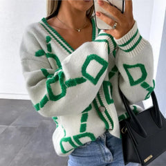 Lunivop Woman Long Sleeve Sweater Short Loose Knitwear Jumper Autumn Winter V neck Striped Geometric Knitted Cardigan Vintage