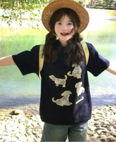 Lunivop Women T Shirts Cartoon Dog Vintage Short Sleeve Loose Fashion O Neck Y2k Tops Female Casual Tshirt Sweet Funny Chic