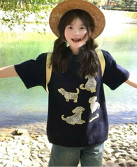 Lunivop Women T Shirts Cartoon Dog Vintage Short Sleeve Loose Fashion O Neck Y2k Tops Female Casual Tshirt Sweet Funny Chic