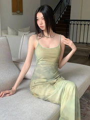 Lunivop Women's Slim Fit Long Dresses Vacation Casual Style Sleeveless Gradient Color Design Beach Holiday Tea Break French Strap Dress