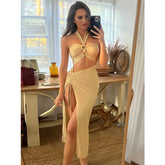 Lunivop Sexy Summer Dresses For Women Halter Mini Dress Party High Slit Drawstring Hollow Out Robes Elegant Outfits Female