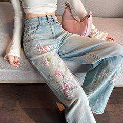 Lunivop French pink flower embroidered jeans women spring and autumn new high waist fashion slim wide-leg pants embroidered straight