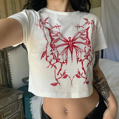 Lunivop Y2k Aesthetic clothing butterfly print Vintage round neck short sleeve t-shirts women summer streetwear baby tee y2k harajuku