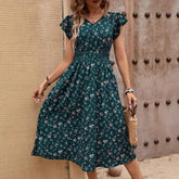 Lunivop Fashionable Elegant Women V Neck Waist Tie Flutter Sleeve Printed Dress