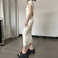Lunivop Solid Color Short Sleeve White Slim Long Dress Casual Streetwear Daily Outfit Summer Korean Fashion For Women Clothes