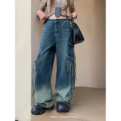 Lunivop Women Blue Jeans Cargo Pants Streetwear High Waist American Wide Leg Pants Fashion Y2K 90s Style Female Winter Straight Trousers