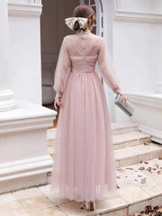 Lunivop Women's Fashion Dress Stand Collar Mesh Sleeves Rhinestone Folds Folds Slim Mid-calf Dresses Spring 2025 New Tide