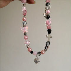 Lunivop Y2K Silver Color Bowknot Strawberry Pendant Chain Necklace Heart Cross Beaded Choker For Women Sweet Cool Aesthetic Jewelry Gift