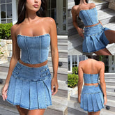 Lunivop Vacation Outfits Women Denim Skirt Sets Summer New Strapless Crop Tops Y2k Clothes Two Piece Sets Sexy Pleated Skirt New