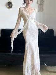 Lunivop Women's Floral Ruffles Sexy Slim Dresses French Vintage Women White Lace Long Sleeved Dress Summer Holiday A-line Vestidos New