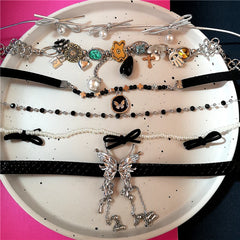 Lunivop Butterfly Choker Pearl Bow Metal Crystal Flower Beaded Necklace For Women Punk Aesthetic 2000s EMO Grunge Jewelry Accessories