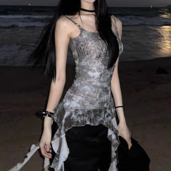 Lunivop Vintage Tie Dye Ruffles Camisole Vest for Women 2025 Summer New Mesh Tank Top Irregular Slim Fit Sleeveless Tops Mujer