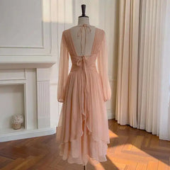 Lunivop Embroidered Flares Lace-up Women's Backless Dress Solid Color V-Neck Lantern Sleeve 2025 Spring New Dresses Female