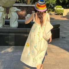 Lunivop Summer Seaside Vacation Floral Dress Women's Sweet Spliced Drawstring Printed Strap Off Shoulder Sleeveless Backless Loose Dress the dress black dress white dress