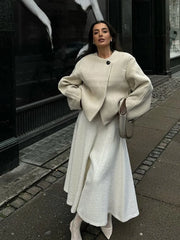 Lunivop Casual Single Button Women's Short Coats Elegant Solid O-neck Long Sleeved Jackets Female Autumn Warm Loose Commute Outwear Tops